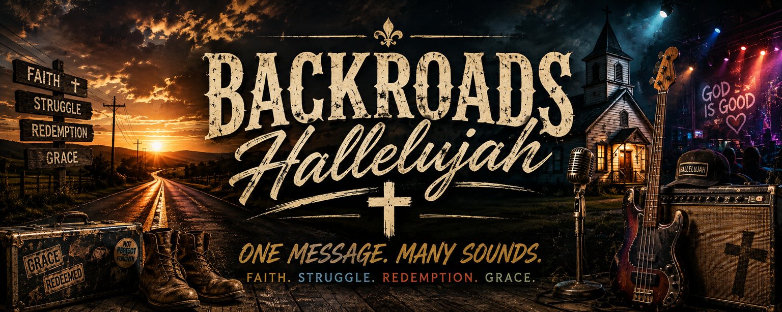 Backroads Hallelujah banner. One message, many sounds. Faith-centered music without genre walls, set on a sunset backroad between an old country church and a lit concert stage with guitars and amps.